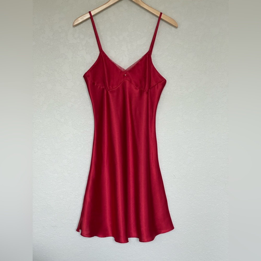 RED Silky Spaghetti Strap V- Neck Lounge Slip Nightdress